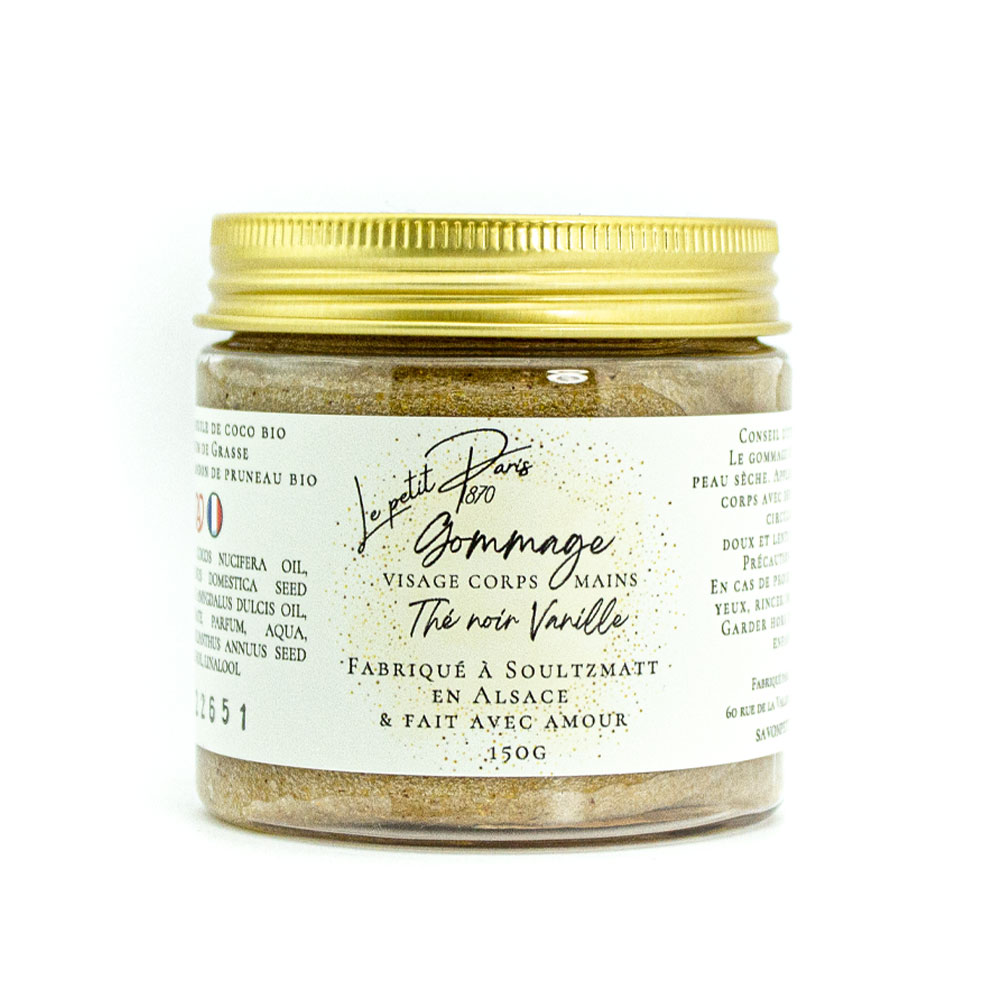 Gommage au thé noir et vanille, soin exfoliant naturel de la Savonnerie Petit Paris