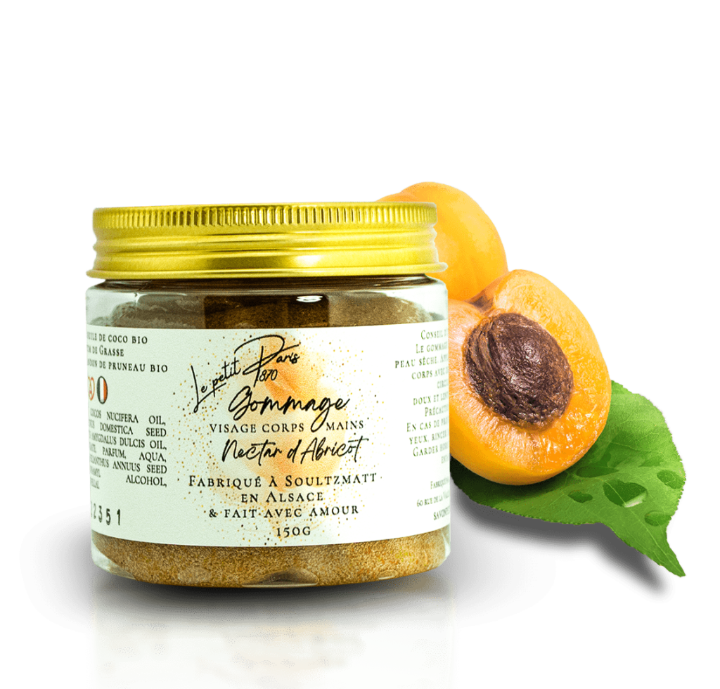 Flacon de gommage abricot, exfoliant doux et naturel de la Savonnerie Petit Paris