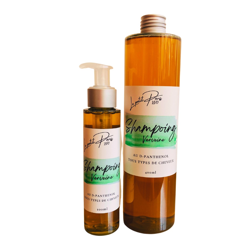 Shampoing Verveine 400 ml & 100 ml, doux et rafraîchissant.