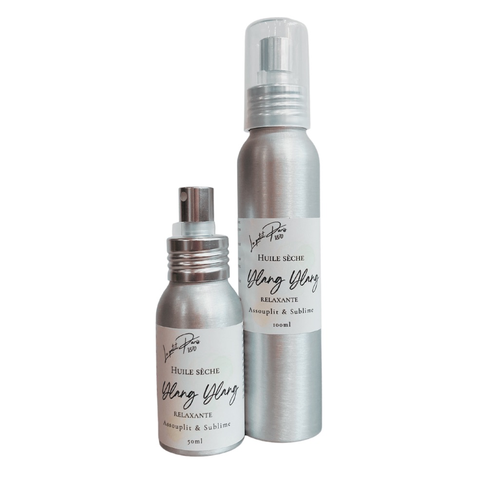 Huile Sèche Ylang Ylang 100 ml & 50 ml, hydratante et parfumée.