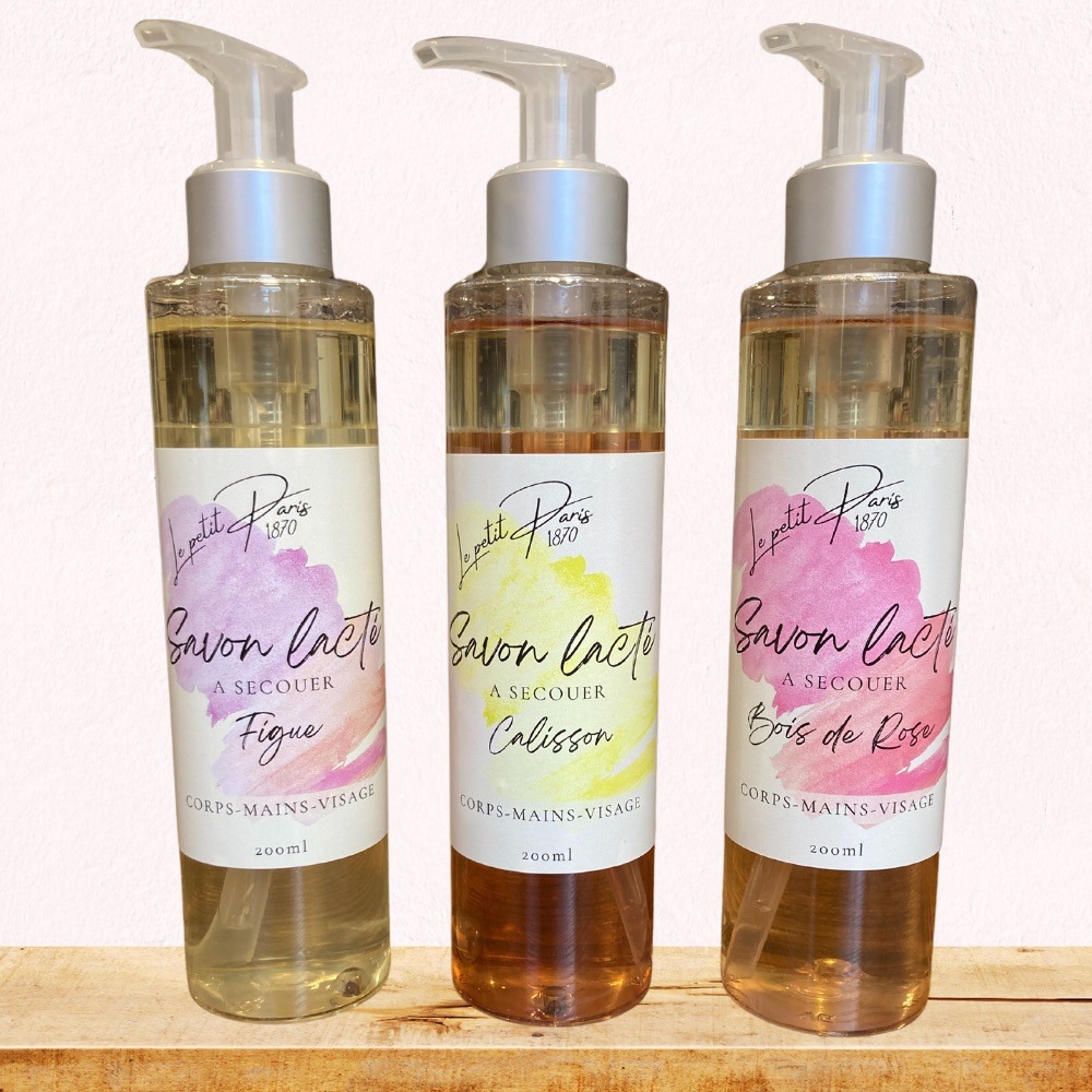 Trois Huiles à Secouer Figue, Bois de Rose et Calisson, hydratantes et parfumées.